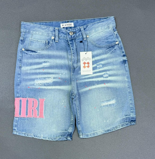 Short Vaquero Amiri Azul Claro Bordado Rosa